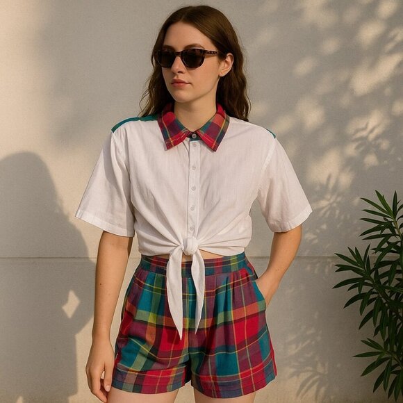 Vintage 90s Madras Plaid Print Coord Two Piece Set - Picture 1 of 16